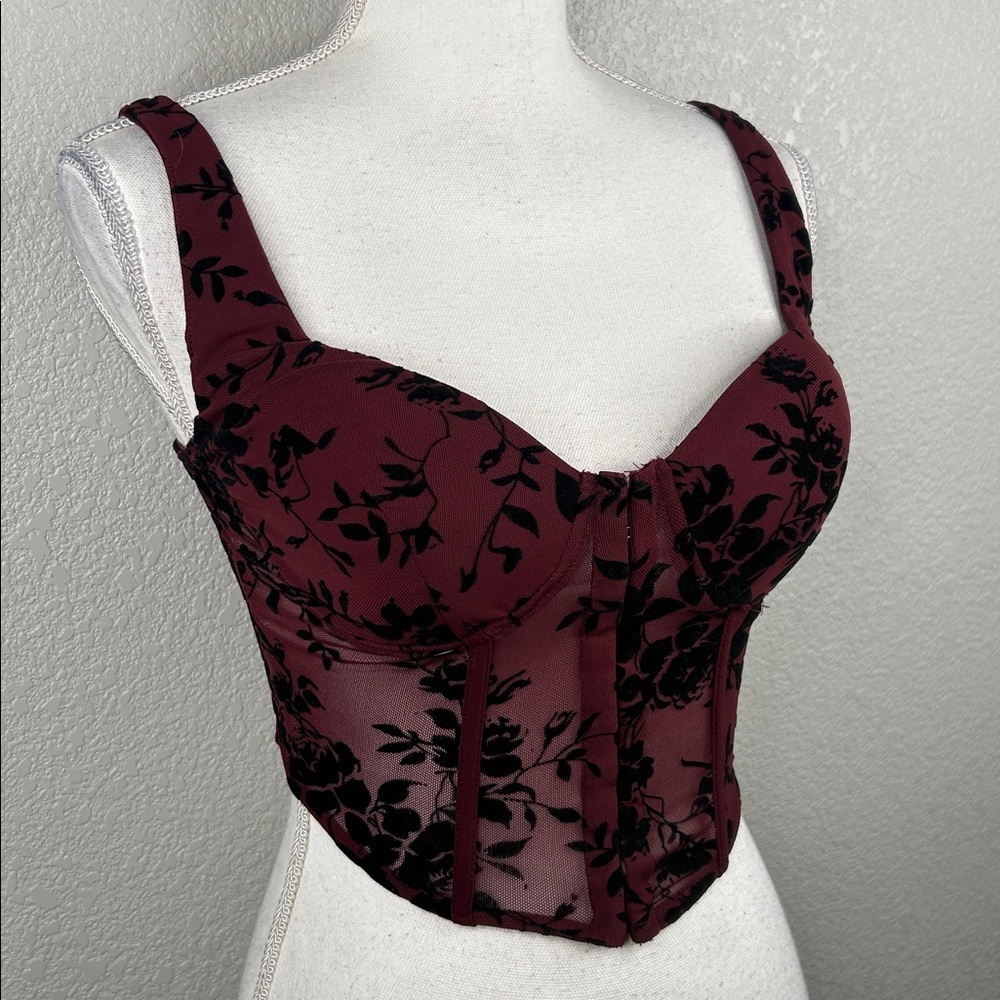 Windsor Burgundy Burnout Velvet Floral Y2K 90's Whimsigoth Goth Whimsical Corset - Picture 2 of 9